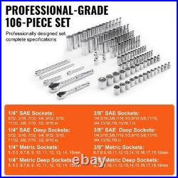 106-Pc Socket and Ratchet Set, 1/4 & 3/8 Drive, SAE & Metric, Deep/Standard So