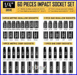 1/4 Drive Impact Socket Set, 60-Piece Standard SAE (5/32-9/16) & Metric 4-15