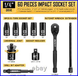 1/4 Drive Impact Socket Set, 60-Piece Standard SAE (5/32-9/16) & Metric 4-15