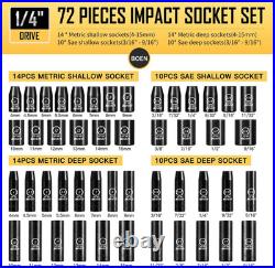 1/4 Drive Impact Socket Set, 72-Piece Standard SAE (3/16-9/16 Inch) and Metric