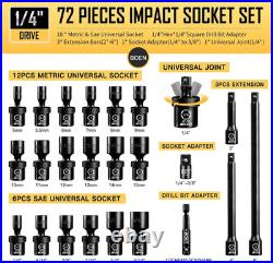 1/4 Drive Impact Socket Set, 72-Piece Standard SAE (3/16-9/16 Inch) and Metric