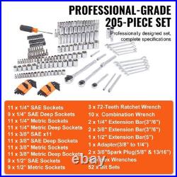 205 Pcs Mechanics Tool Set SAE & Metric Sockets, Deep & Standard, Chrome Vanad