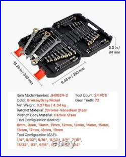 24pc Metric SAE Ratcheting Wrench Set with 180° Flex Head, Anti-Slip Tooth