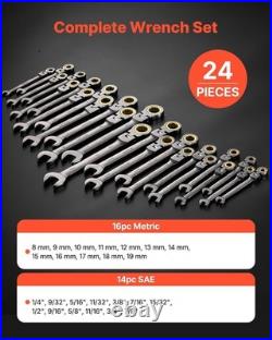 24pc Metric SAE Ratcheting Wrench Set with 180° Flex Head, Anti-Slip Tooth