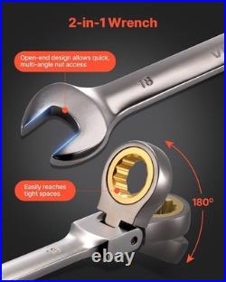 24pc Metric SAE Ratcheting Wrench Set with 180° Flex Head, Anti-Slip Tooth