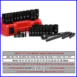 38-Piece 1/2 Drive Impact Socket Set Deep & Standard SAE/Metric, Extensions &