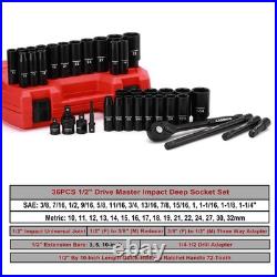 38-Piece 1/2 Drive Impact Socket Set Deep & Standard SAE/Metric, Extensions &