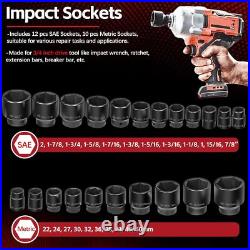 3/4 Drive Impact Socket Set, 27 pcs Standard SAE (7/8 to 2) & Metric(22-50mm)