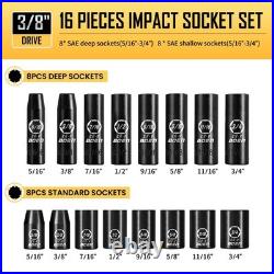 3/8 Drive Impact Socket Set 57 Piece Standard SAE & Metric 4 inch 10mm 10mm BOEN