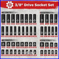 3/8 Drive Impact Socket Set, 90 Piece Metric Socket 6-22mm and Standard SAE