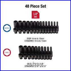 48-Piece 1/4 Drive Impact Socket Set, SAE/Metric, Cr-Mo Steel, Deep/Standard, H