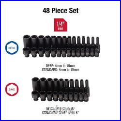 48-Piece 1/4 Drive Impact Socket Set, SAE/Metric, Cr-Mo Steel, Deep/Standard, H