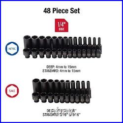 48-Piece 1/4 Drive Impact Socket Set, SAE/Metric, Cr-Mo Steel, Deep/Standard, H