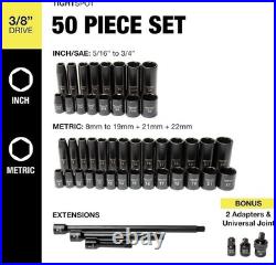 50 Pcs 3/8 Drive Impact Socket Standard Deep Sockets Extension Bars SAE Metric