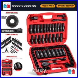 65-Piece 1/2 Impact Socket Set 6 Point Standard SAE & Metric CR-V Steel with