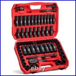 65-Piece 1/2 Impact Socket Set 6 Point Standard SAE & Metric CR-V Steel with