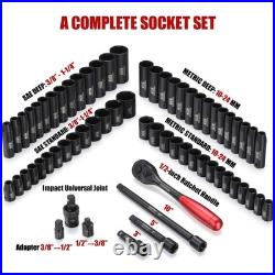 65-Piece 1/2 Impact Socket Set 6 Point Standard SAE & Metric CR-V Steel with