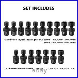 87-Piece 3/8 Drive Impact Socket Set Deep & Standard SAE/Metric, Universal &