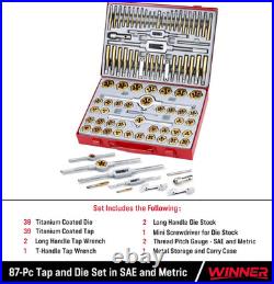 87pc SAE Metric Tap and Die Set Standard Titanium Master Threading Tool Kit Box