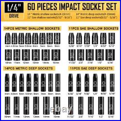 BOEN 1/4 Drive Impact Socket Set, 60Piece Standard SAE 5/329/16 & Metric 4