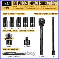 BOEN 1/4 Drive Impact Socket Set, 60Piece Standard SAE 5/329/16 & Metric 4
