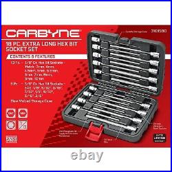 CARBYNE 18 Piece Extra Long Hex Bit Socket Set SAE & Metric, S2 Steel Bits