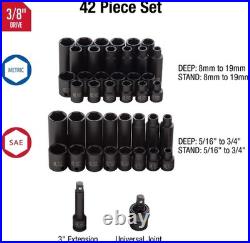 Complete 3/8 Drive 42-Piece Impact Socket Set with Case SAE & Metric Sizes