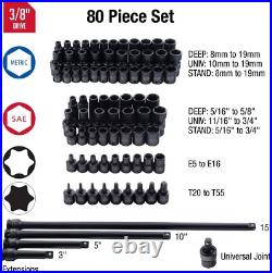 Durable 3/8 Drive Impact Socket Set 80 Pieces, SAE/Metric with Universal Joint