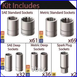 Husky 200 Piece 1/4 in. 3/8 in. & 1/2 in. Drive Socket Set in EVA Foam Tray