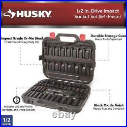Husky Impact Socket Set 1/2 Drive SAE/Metric 6-Point Standard + Deep (64-Pcs)