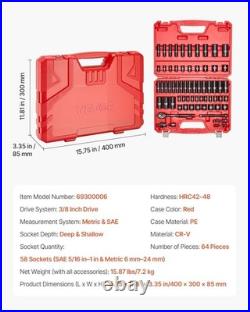 Impact Socket Set 3/8 Drive, 64-Piece Standard SAE 5/16 to 1 inch & Metric 6