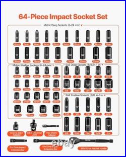Impact Socket Set 3/8 Drive, 64-Piece Standard SAE 5/16 to 1 inch & Metric 6