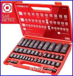 Impact Socket Set, 40 Pieces SAE & Metric Standard and Deep Sockets. 6-Point