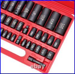 Impact Socket Set, 40 Pieces SAE & Metric Standard and Deep Sockets. 6-Point