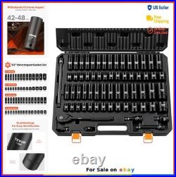 Impact Socket Set 65 Piece 1/2 Inch Drive SAE Metric Deep Standard Cr-V Ratchet