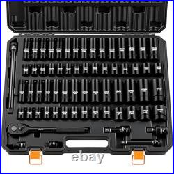 Impact Socket Set 65 Piece 1/2 Inch Drive SAE Metric Deep Standard Cr-V Ratchet