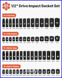 Impact Socket Set 65 Piece 1/2 Inch Drive SAE Metric Deep Standard Cr-V Ratchet