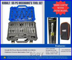 Kobalt 55-Piece Standard (SAE) and Metric Polished Chrome Mechanics Tool Set Kobalt 55-Piece Standard (SAE) and Metric Polished Chrome Mechanics Tool Set