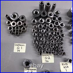 Lot of 197 Mixed Sockets Craftsman SK Lisle Metric SAE 1/4 3/8 1/2 Drive USA