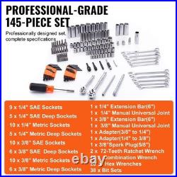 Mechanics Tool Set 145 Piece SAE Metric Socket Set 1/4 3/8 Drive Deep Standard