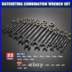 Metric 6-18mm SAE 1/4-3/4 22-Piece Ratcheting Wrench Set Mechanics Tool Kit