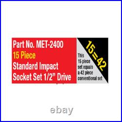 Metrinch 1/2Dr Impact Socket Set Standard Size 15pc = 42pc Conventional Set