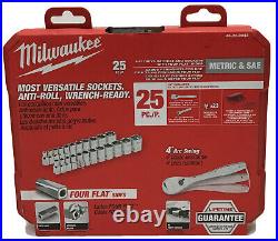 Milwaukee Metric & Sae 1/4'' Drive Ratchet And Sockets With Four Flat Sides 25PC