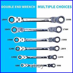 New Double Box End Ratcheting Wrench Flex-Head Extra Long Spanner Set SAE Metric