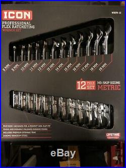 New Icon Professional Flex Ratcheting Wrench Set 12 Piece Metric 8-19mm WRFM-12