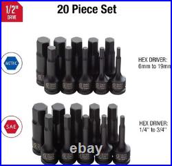 SAE/Metric Impact Hex Set, 1/4-3/4, 6mm-19mm, 20-Piece