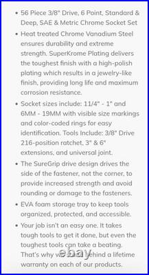 SK Professional Tools 3/8 Drive 56 Piece Metric/SAE Socket Set New Lifetime