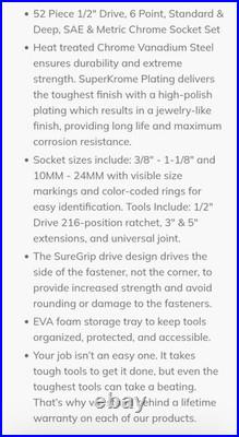 SK Professional Tools 52 Piece 1/2 Drive Metric/SAE Socket Set New Lifetime