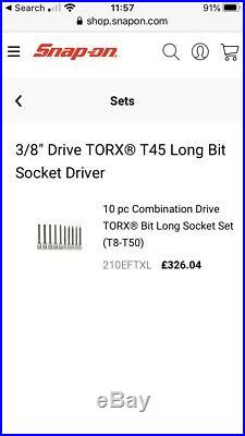Snap On Tools 10pc Extra Long TORX Bit Removal Socket Driver Set