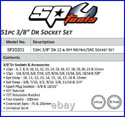 Sp Tools Socket Set 51pc 3/8dr 12pt & 6pt Metric/sae (sp20201)